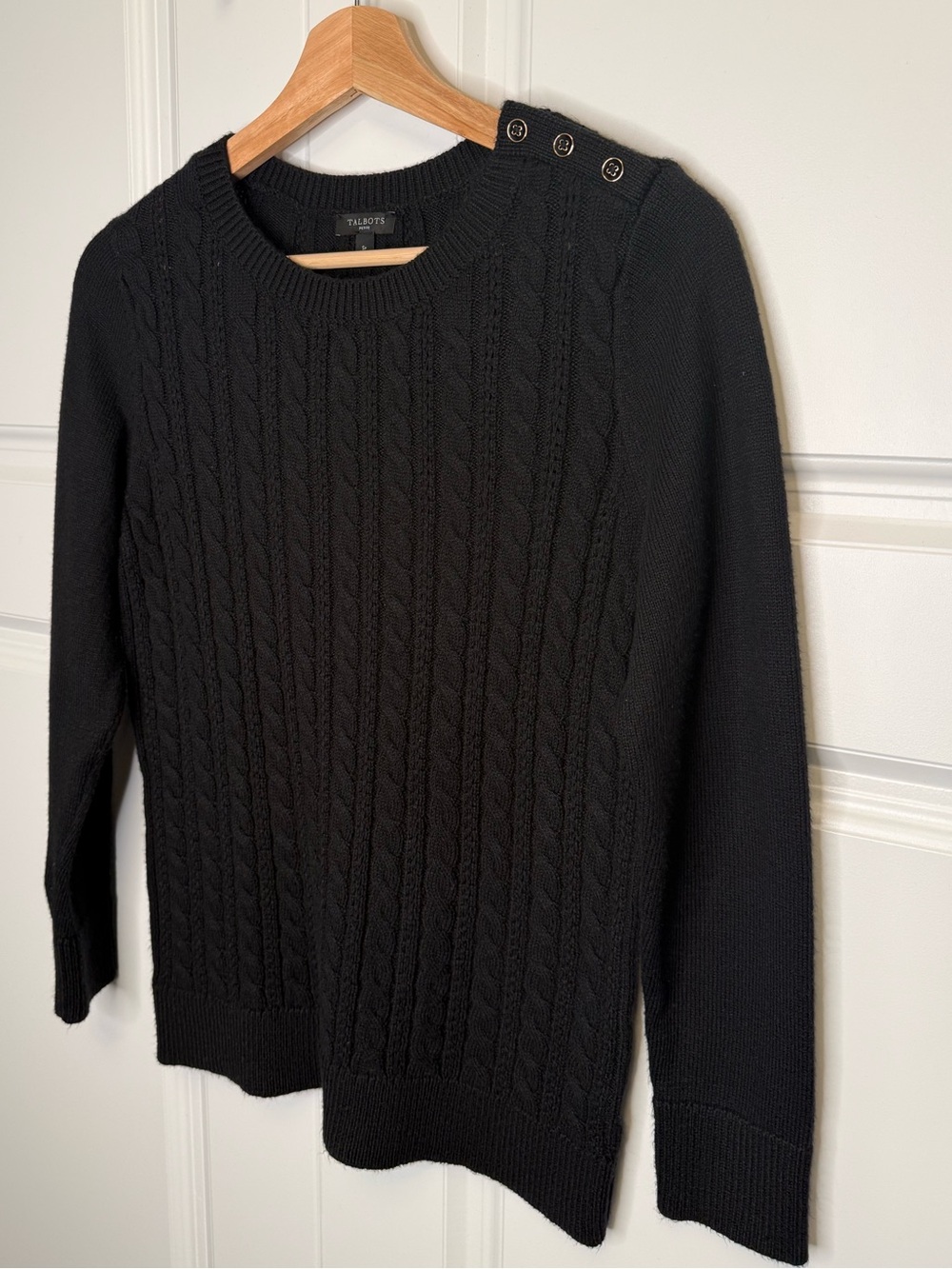 Talbots Petite Black Cable Knit Shoulder Button Sweater SP - Picture 4 of 11